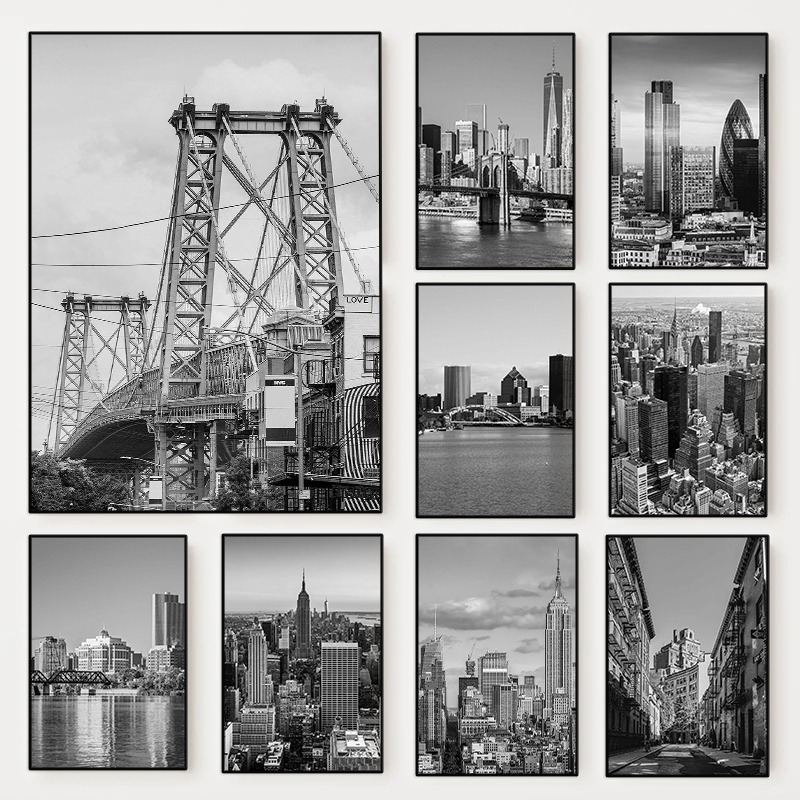 Photography New York - 黒と白のニューヨーク市写真ポスター、ニューヨーク地図、旅行用キャンバス絵画、ウォールアート写真、リビングルーム、家の装飾用