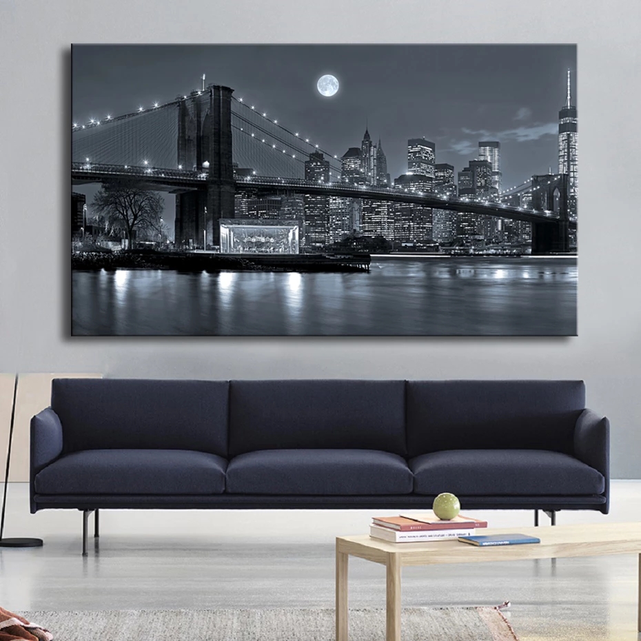 Photography New York - 黒と白の新しいyorkmanPerruブリッジランドスケープポスターbrooklyn橋夜のキャンバス絵画リビングルームの壁の家の装飾