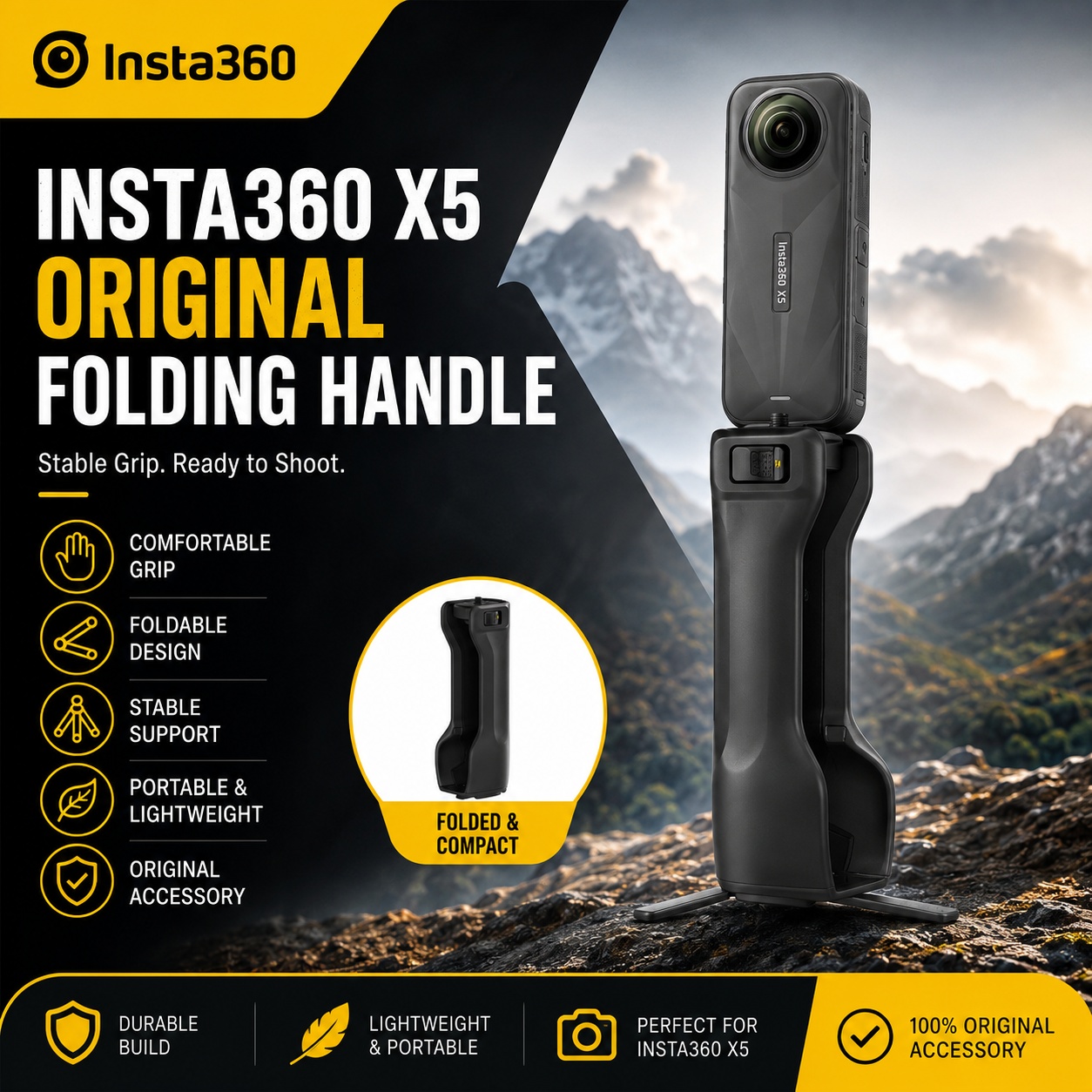 Photography Grip Insta360 X5 - Insta360 X5用折りたたみハンドル 軽量滑り止めハンドグリップ ハンドヘルド撮影用ポータブルカメラマウント
