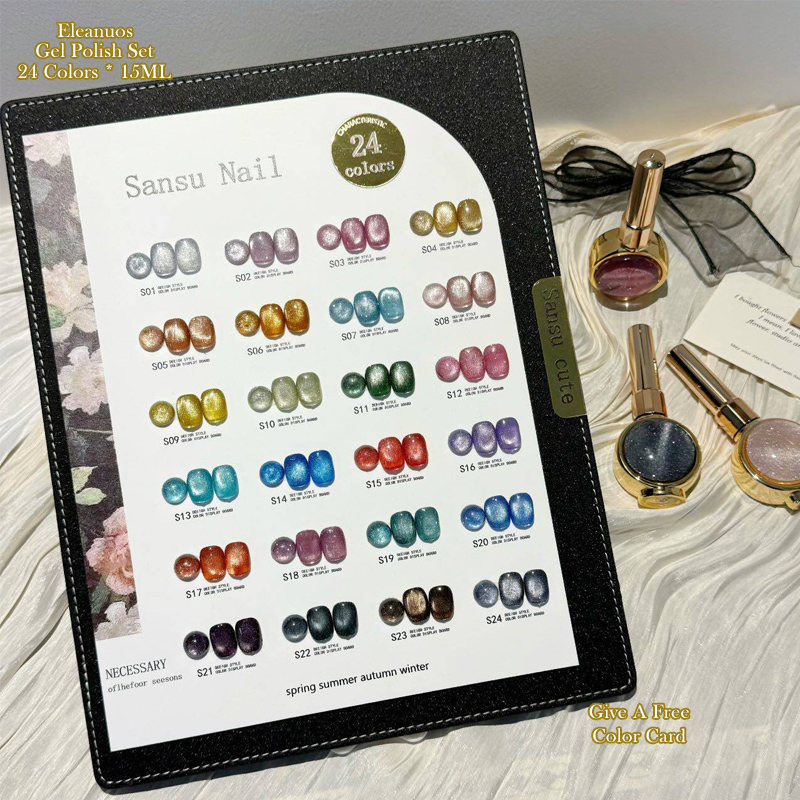Color Checker Card - サンスネイル24色キャッツアイネイルジェルポリッシュオーロラパールグリッターシマーUVジェルヴァーニッシュソークオフマニキュアネイルアートキットセット