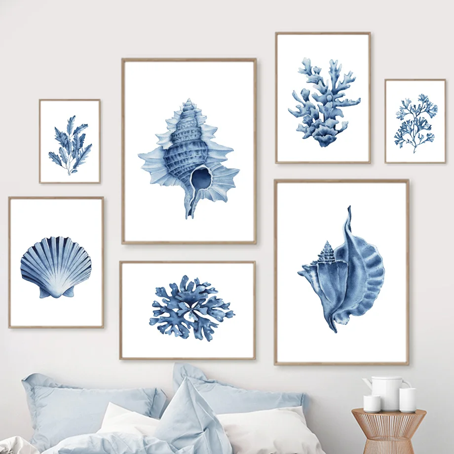 青い海藻、サンゴ、貝殻、水彩画のウォールアート、キャンバス絵 - Photography Nature のレビューと価格